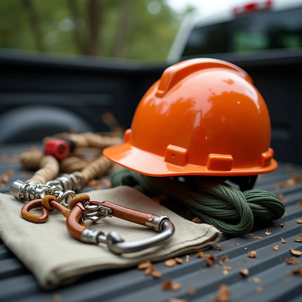Professional arborist climbing gear, rated carabiners, and safety helmets