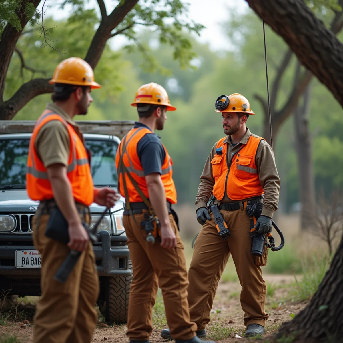 Austin tree service crew conducting morning safety tailgate meeting