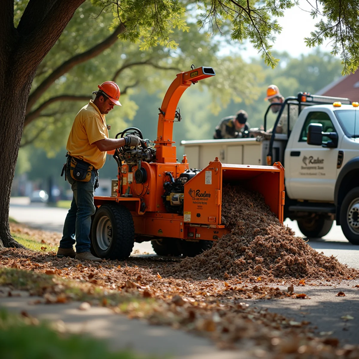Commercial brush chipper processing oak limbs into clean mulch curbside in Austin