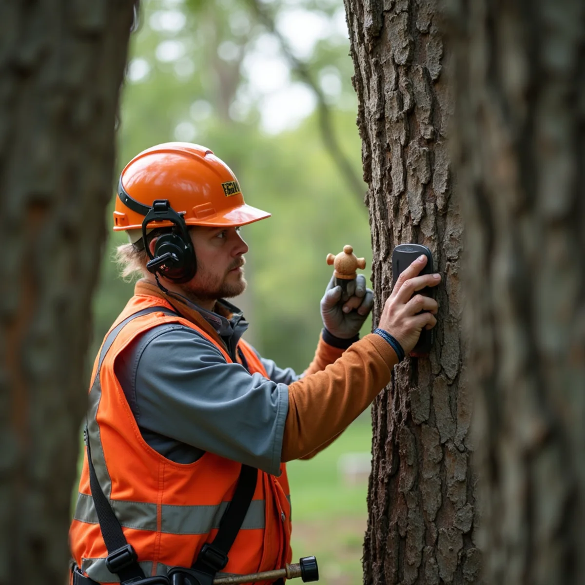 ISA Certified Arborist using acoustic sounding mallet to assess internal trunk decay