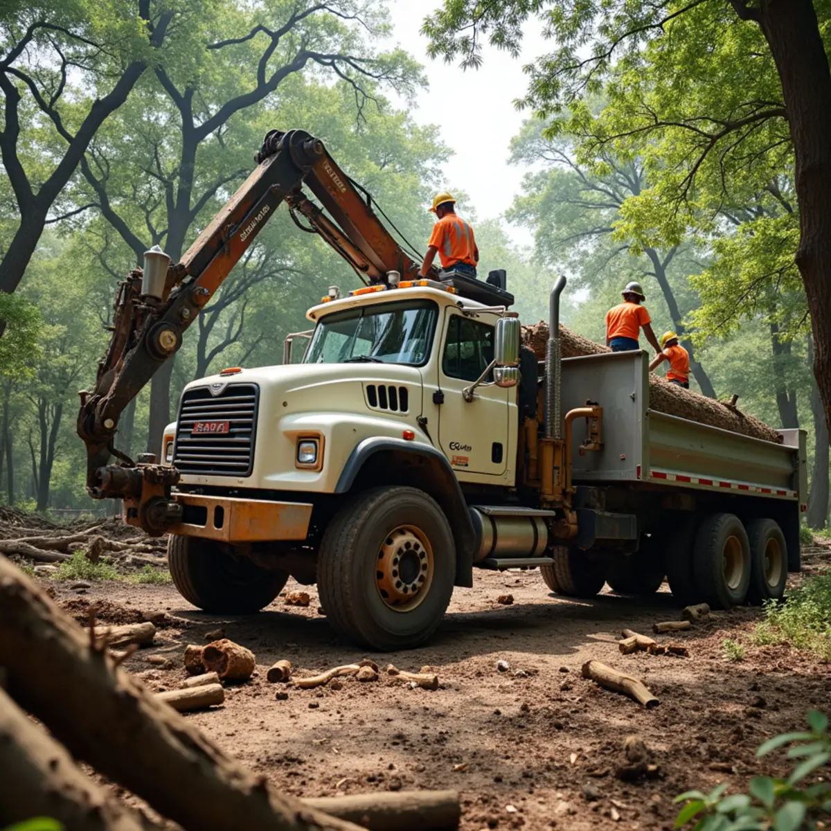 Heavy knuckle-boom grapple truck loading large hardwood trunk logs into transport trailer