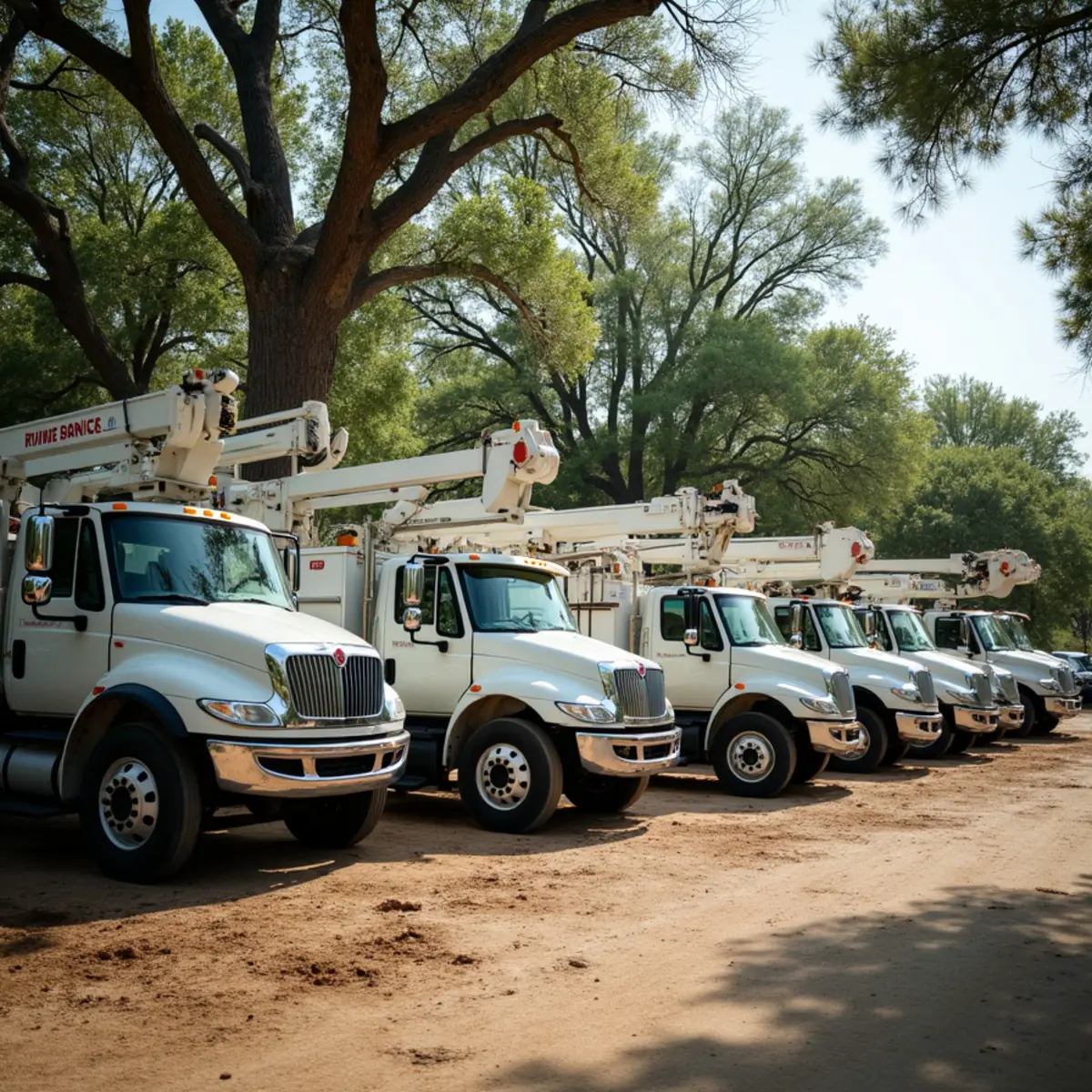 Lineup of modern tree service bucket trucks and chippers in yard