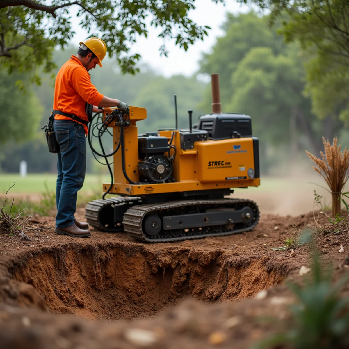 Commercial equipment and processing during uprooted tree & root ball removal